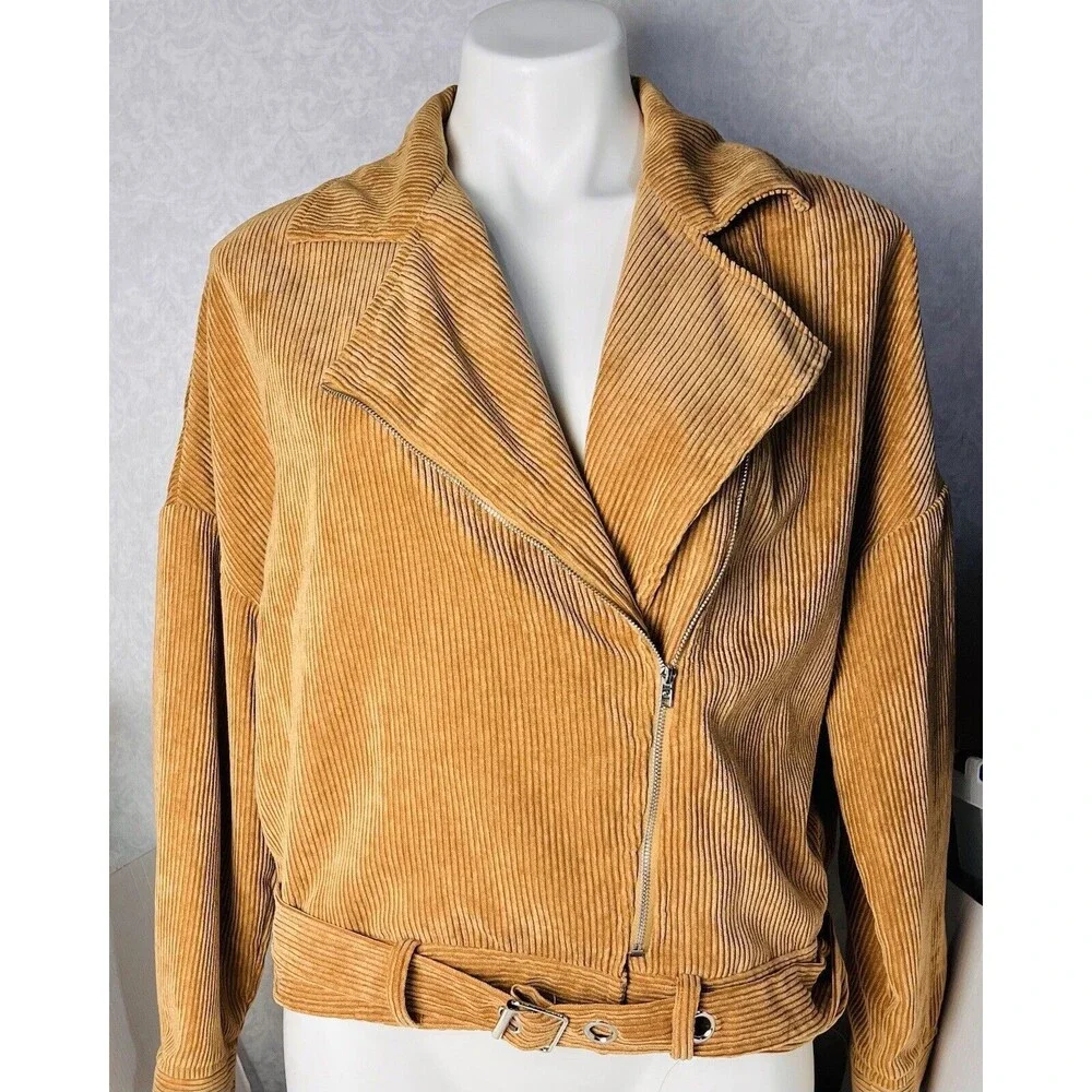 Free People Womens M Brown Corduroy Moto Jacket Cropped Belted Boho Western
